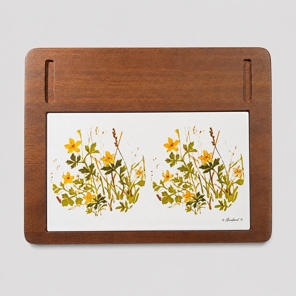 Wood & Ceramic Cheese & Cracker Serving Board Yellow Flowers MCM VTG Retro 70's